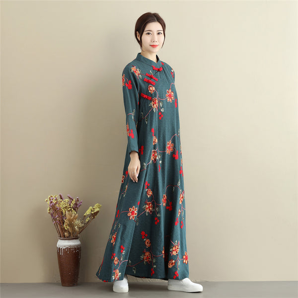 Women Linen and Cotton Chinese Style Retro Embroidered Stand Collar Buckle Ankle Length Dress