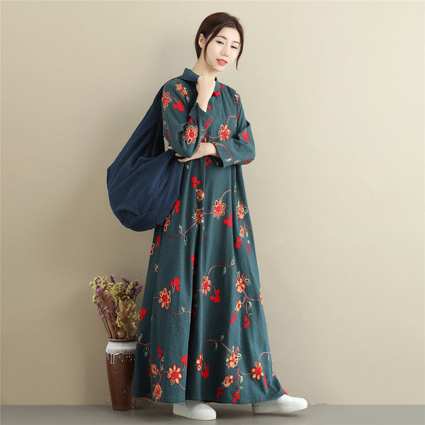 Women Linen and Cotton Chinese Style Retro Embroidered Stand Collar Buckle Ankle Length Dress
