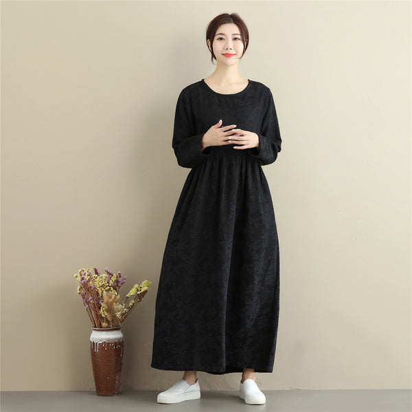 Women Asian Style Jacquard Causal Ankle Length Linen and Cotton Dress