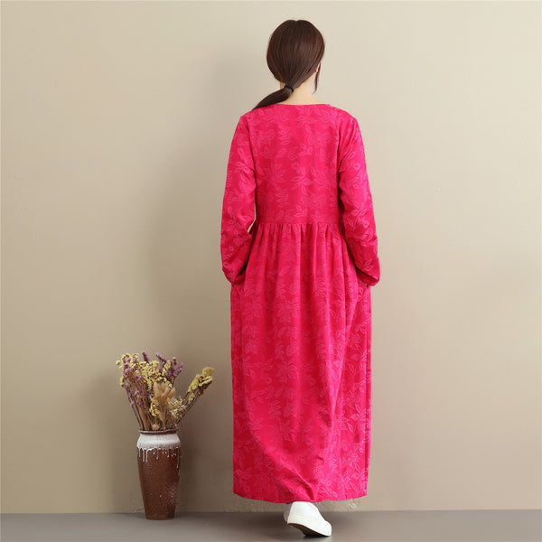 Women Asian Style Jacquard Causal Ankle Length Linen and Cotton Dress