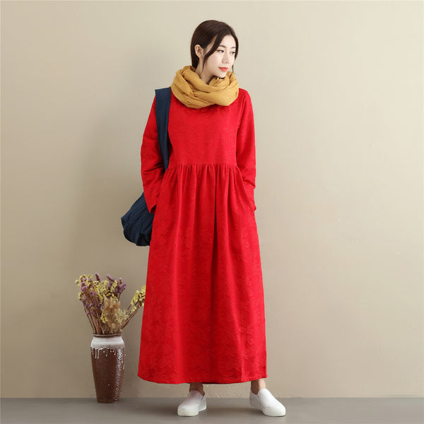 Women Asian Style Jacquard Causal Ankle Length Linen and Cotton Dress