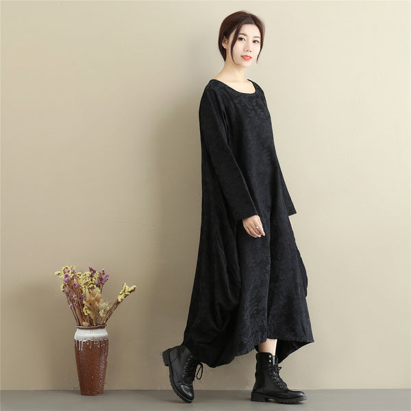 Women Lantern Skirt Style Jacquard Causal Linen and Cotton Tea Length Dress