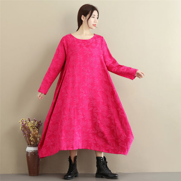 Women Lantern Skirt Style Jacquard Causal Linen and Cotton Tea Length Dress