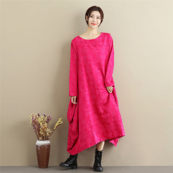 Women Lantern Skirt Style Jacquard Causal Linen and Cotton Tea Length Dress