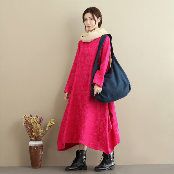 Women Lantern Skirt Style Jacquard Causal Linen and Cotton Tea Length Dress