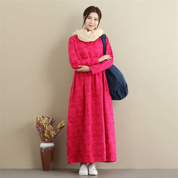 Women Asian Style Jacquard Causal Ankle Length Linen and Cotton Dress