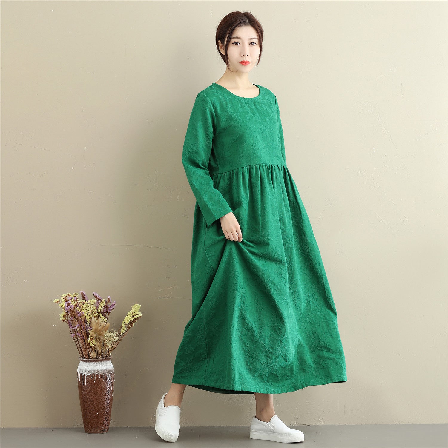 Women Asian Style Jacquard Causal Ankle Length Linen and Cotton Dress Green Women Asian Style Jacquard Causal Ankle Length Linen and Cotton Dress Green