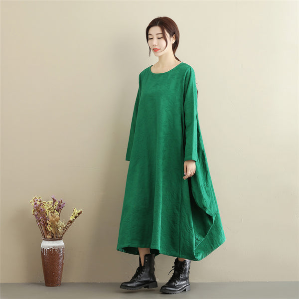 Women Lantern Skirt Style Jacquard Causal Linen and Cotton Tea Length Dress