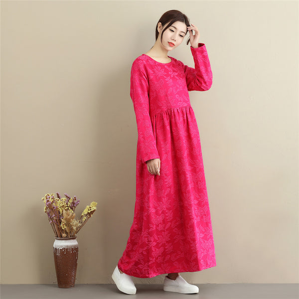 Women Asian Style Jacquard Causal Ankle Length Linen and Cotton Dress