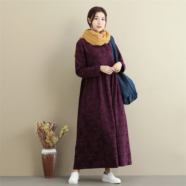 Women Asian Style Jacquard Causal Ankle Length Linen and Cotton Dress