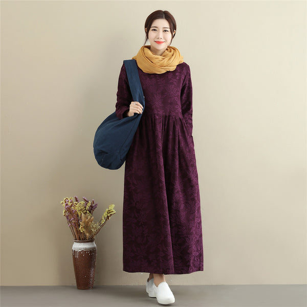 Women Asian Style Jacquard Causal Ankle Length Linen and Cotton Dress