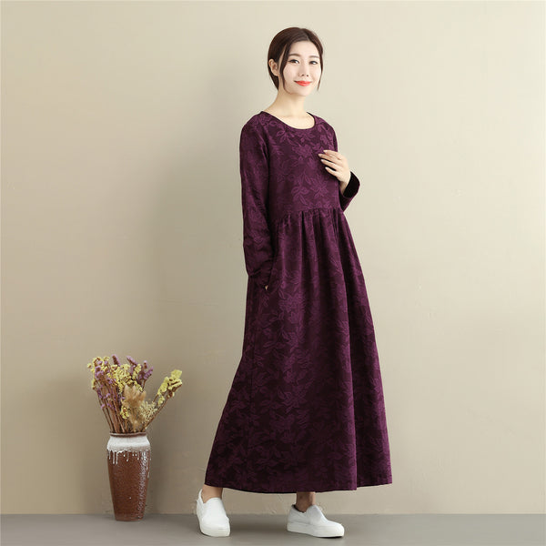 Women Asian Style Jacquard Causal Ankle Length Linen and Cotton Dress