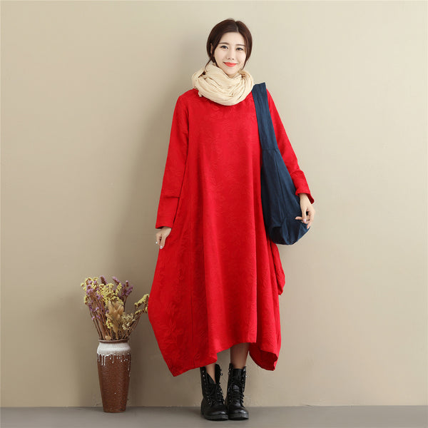 Women Lantern Skirt Style Jacquard Causal Linen and Cotton Tea Length Dress