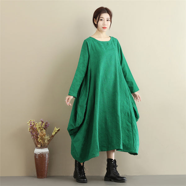 Women Lantern Skirt Style Jacquard Causal Linen and Cotton Tea Length Dress