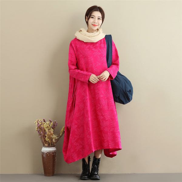 Women Lantern Skirt Style Jacquard Causal Linen and Cotton Tea Length Dress