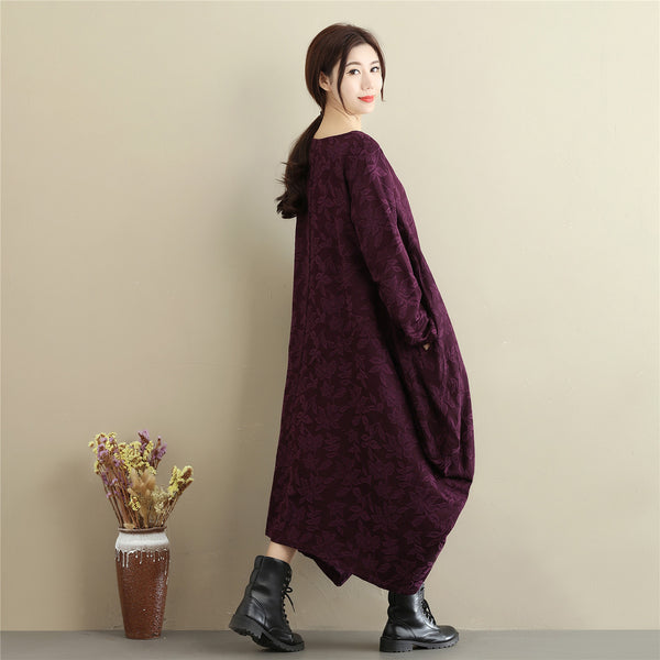 Women Lantern Skirt Style Jacquard Causal Linen and Cotton Tea Length Dress