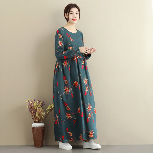 Women cotton and linen dress – Retro Loose Causal Ankle Lenght Dress