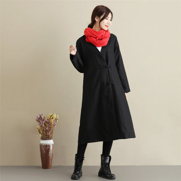 Women Asian Style Causal Long Loose Linen and Cotton Coat