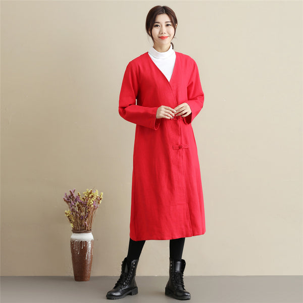 Women Asian Style Causal Long Loose Linen and Cotton Coat