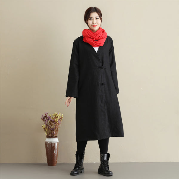 Women Asian Style Causal Long Loose Linen and Cotton Coat