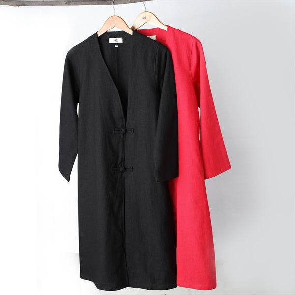 Women Asian Style Causal Long Loose Linen and Cotton Coat