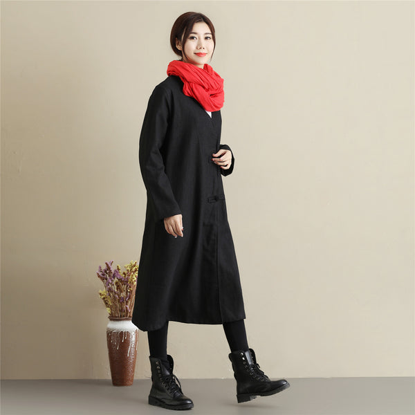 Women Asian Style Causal Long Loose Linen and Cotton Coat