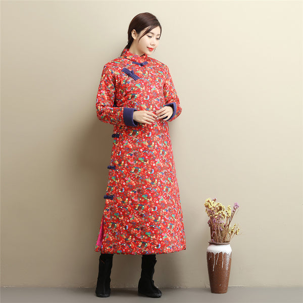 Women Asian Dress Style Long Diagonal Buckle Linen and Cotton Printed Quilted Coat