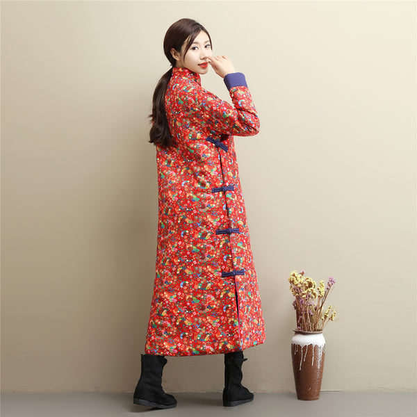 Women Asian Dress Style Long Diagonal Buckle Linen and Cotton Printed Quilted Coat