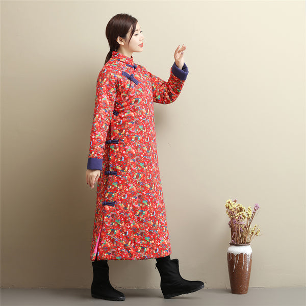 Women Asian Dress Style Long Diagonal Buckle Linen and Cotton Printed Quilted Coat
