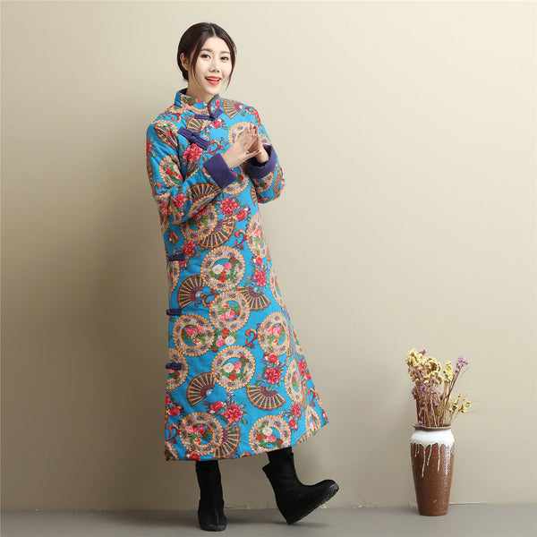 Women Retro Asian Dress Style Long Diagonal Buckle Linen and Cotton Printed Quilted Coat