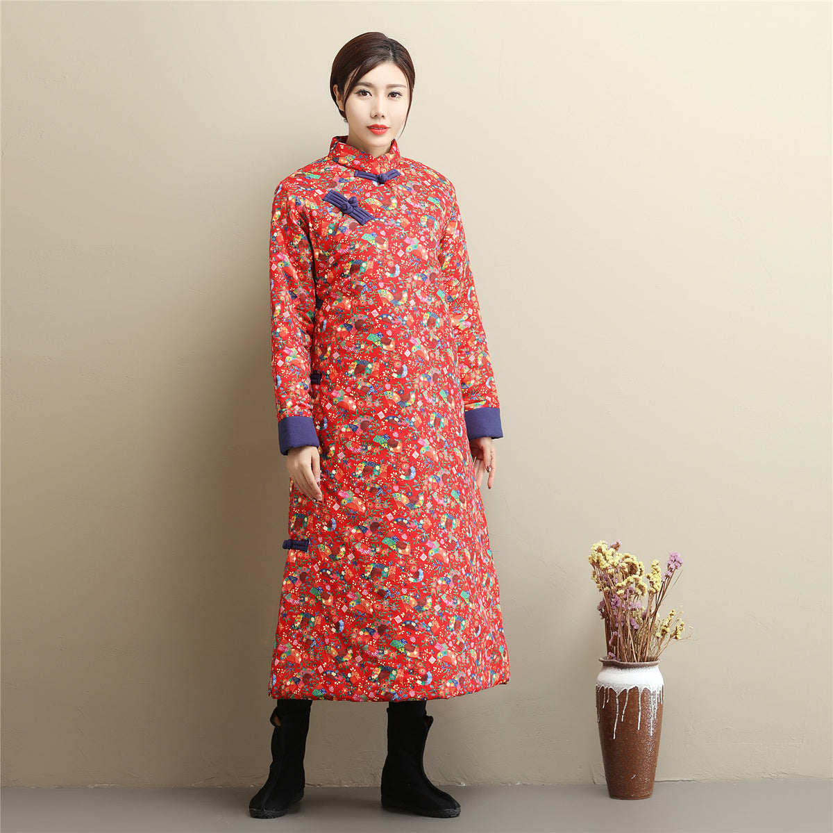 Women Asian Dress Style Long Diagonal Buckle Linen and Cotton Printed Quilted Coat