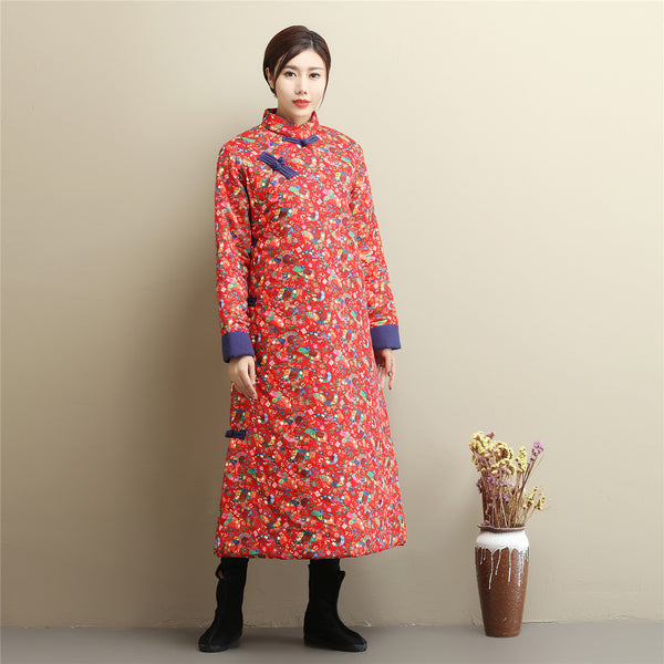 Women Asian Dress Style Long Diagonal Buckle Linen and Cotton Printed Quilted Coat