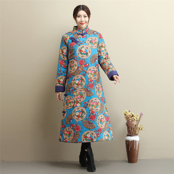Women Retro Asian Dress Style Long Diagonal Buckle Linen and Cotton Printed Quilted Coat