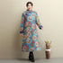 Women Retro Asian Dress Style Long Diagonal Buckle Linen and Cotton Printed Quilted Coat