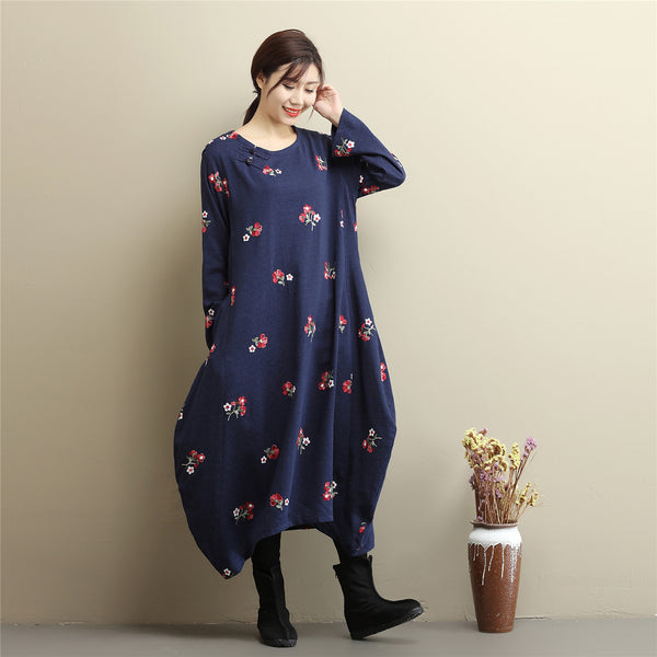 Women Eastern Style Linen and Cotton Tea Length Embroidery Hangfu Type Dress