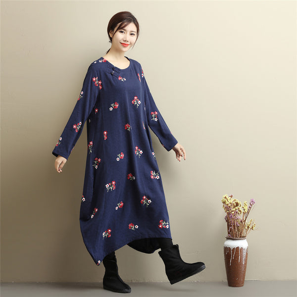 Women Eastern Style Linen and Cotton Tea Length Embroidery Hangfu Type Dress