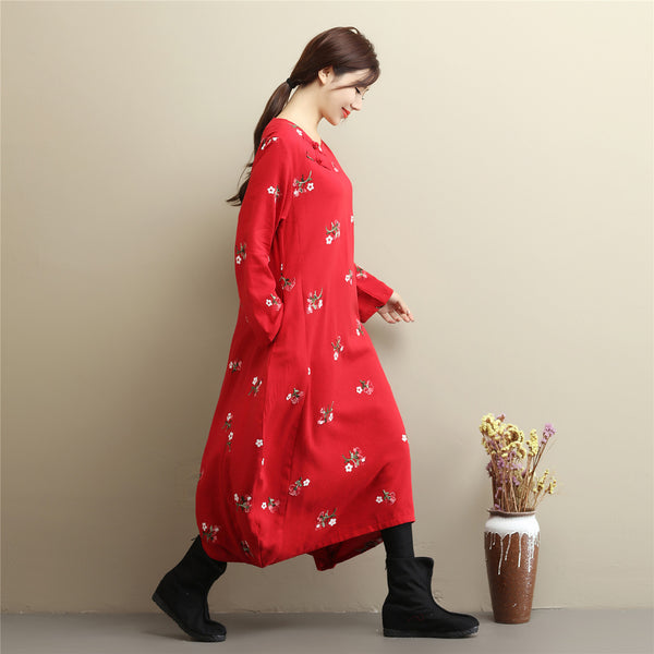 Women Eastern Style Linen and Cotton Tea Length Embroidery Hangfu Type Dress