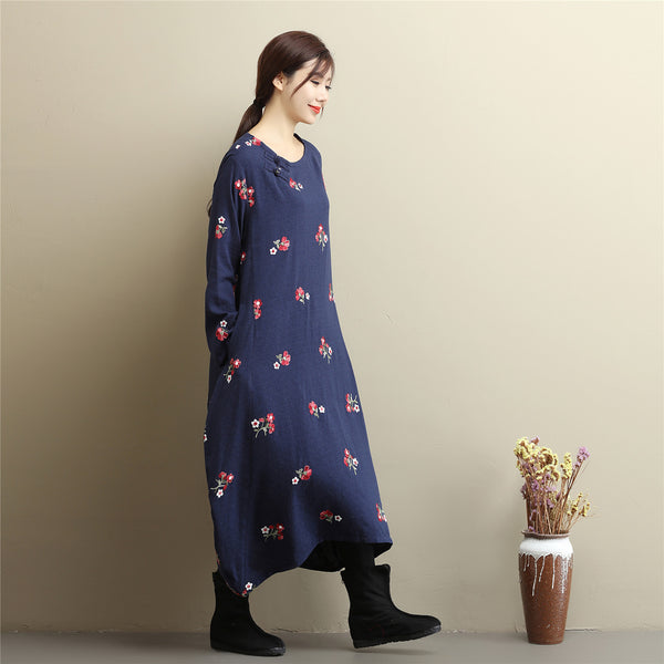 Women Eastern Style Linen and Cotton Tea Length Embroidery Hangfu Type Dress