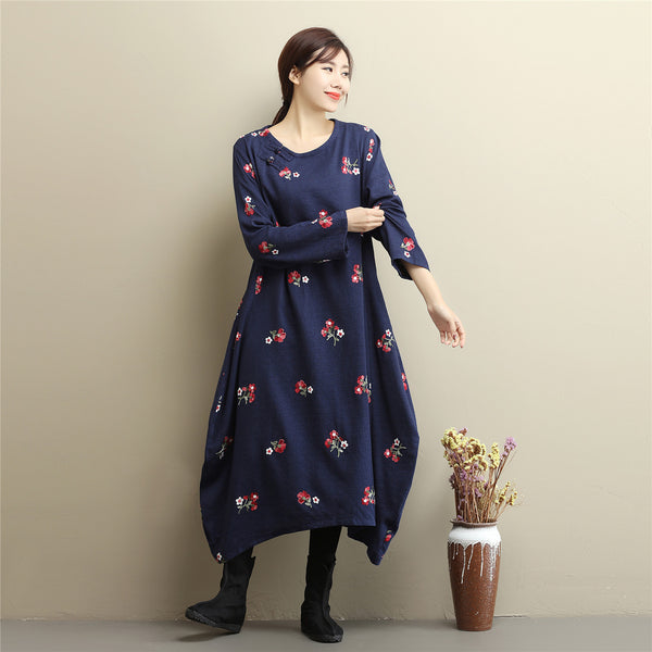 Women Eastern Style Linen and Cotton Tea Length Embroidery Hangfu Type Dress