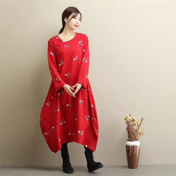 Women Eastern Style Linen and Cotton Tea Length Embroidery Hangfu Type Dress