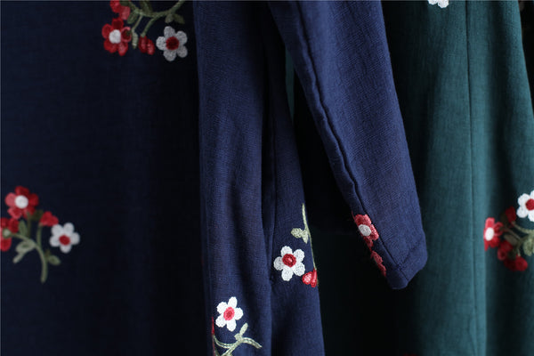 Women Eastern Style Linen and Cotton Tea Length Embroidery Hangfu Type Dress