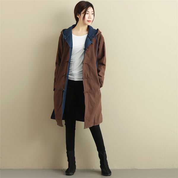 Women Simple Pure Color Double-sided Linen and Cotton Coat Hoodie
