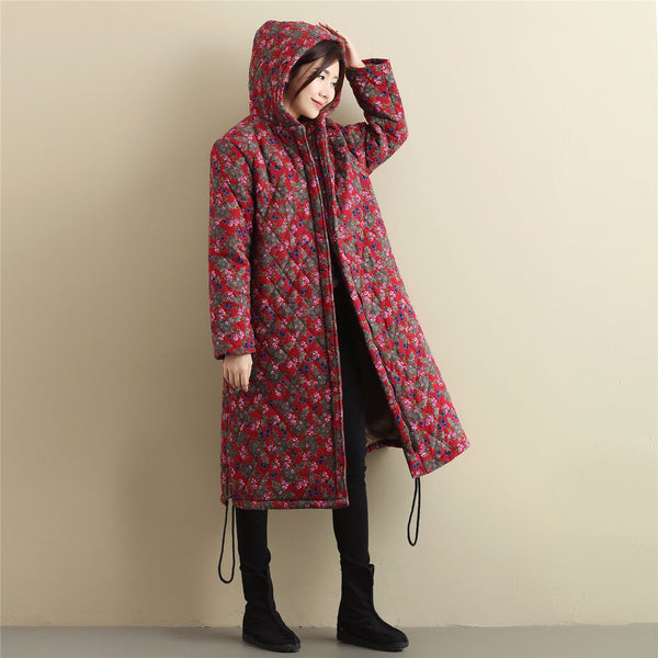 Women Casual Style Long Linen and Cotton Small Flower Printed Quilted Coat (inner with velvet)