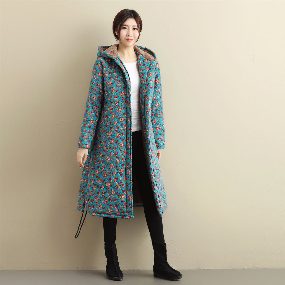 Women Casual Style Long Linen and Cotton Small Flower Printed Quilted Coat (inner with velvet)