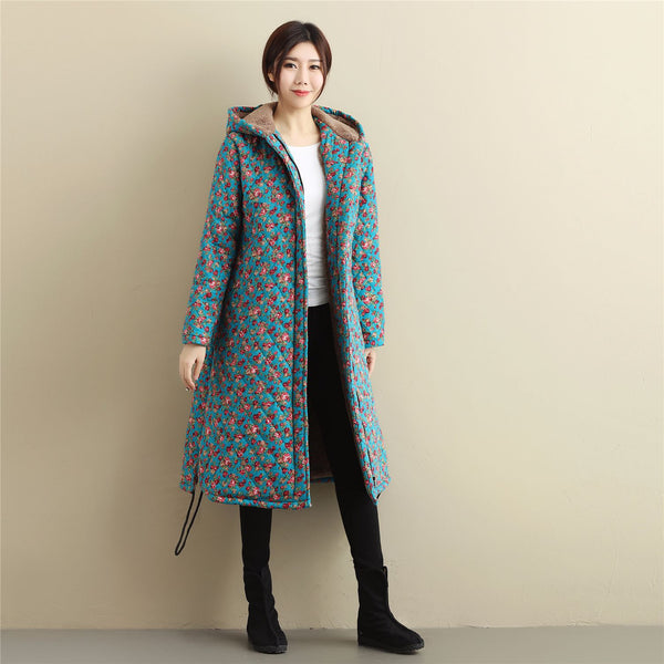 Women Casual Style Long Linen and Cotton Small Flower Printed Quilted Coat (inner with velvet)