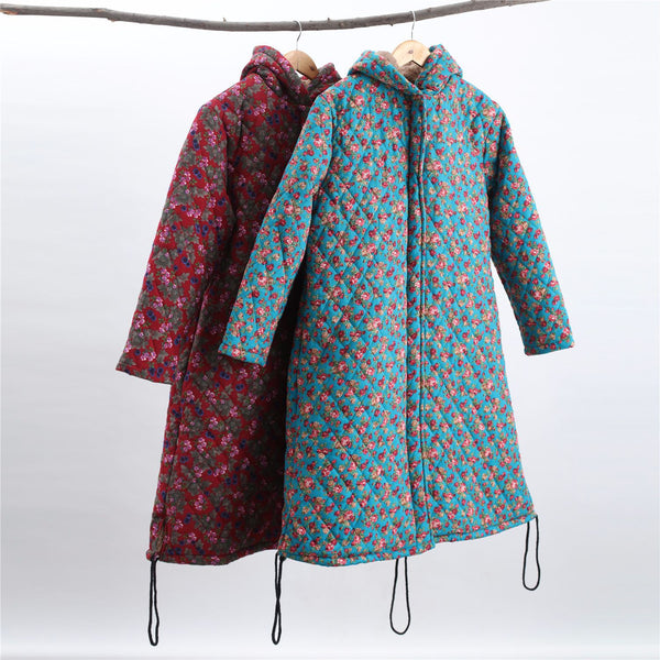 Women Casual Style Long Linen and Cotton Small Flower Printed Quilted Coat (inner with velvet)