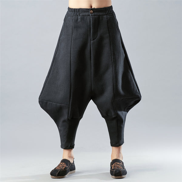 New Style Loose Pure Color Cotton and Linen Men Hanging Crotch Pants (inner layered with velvet)