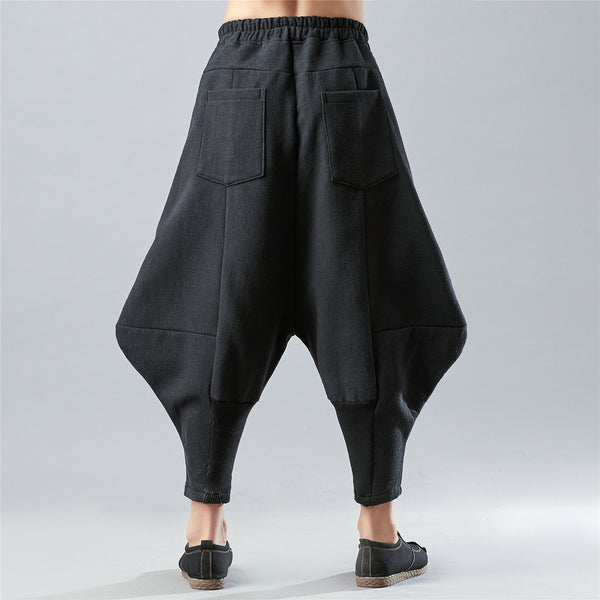 New Style Loose Pure Color Cotton and Linen Men Hanging Crotch Pants (inner layered with velvet)