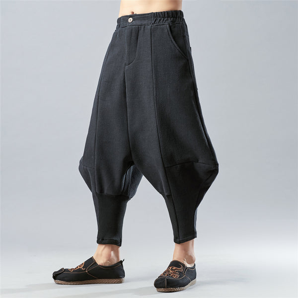 New Style Loose Pure Color Cotton and Linen Men Hanging Crotch Pants (inner layered with velvet)