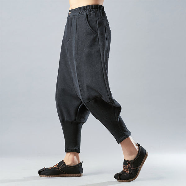 New Style Loose Pure Color Cotton and Linen Men Hanging Crotch Pants (inner layered with velvet)